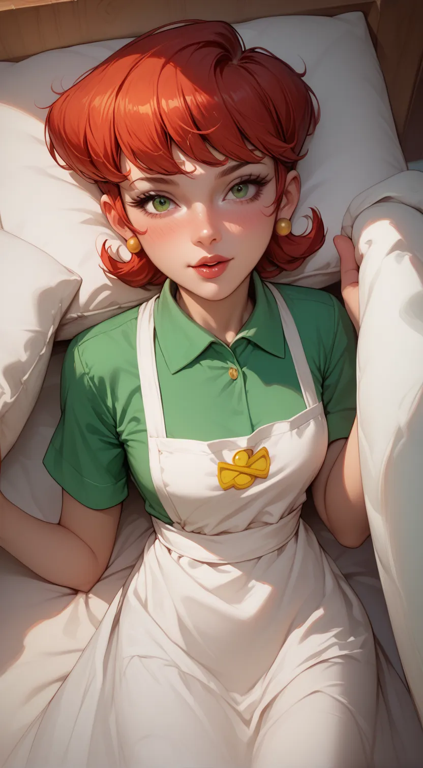 Dexter Mother de la caricatura "Dexter Laboratory", short hair , Red hair,  green shirt, white apron, lying on a bed, with a blushed blanket,  POV across bed / Bed invitation, behind the spectator, 