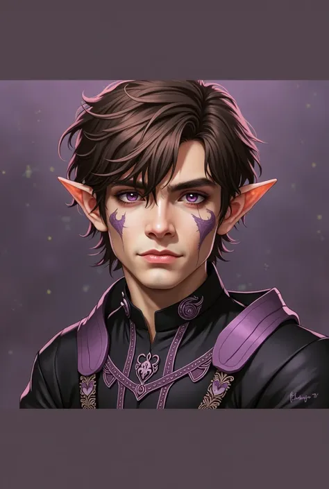 Make an image of a half-elf man,  expressions , Wearing black clothes with purple details , with purple eyes and light brown hair