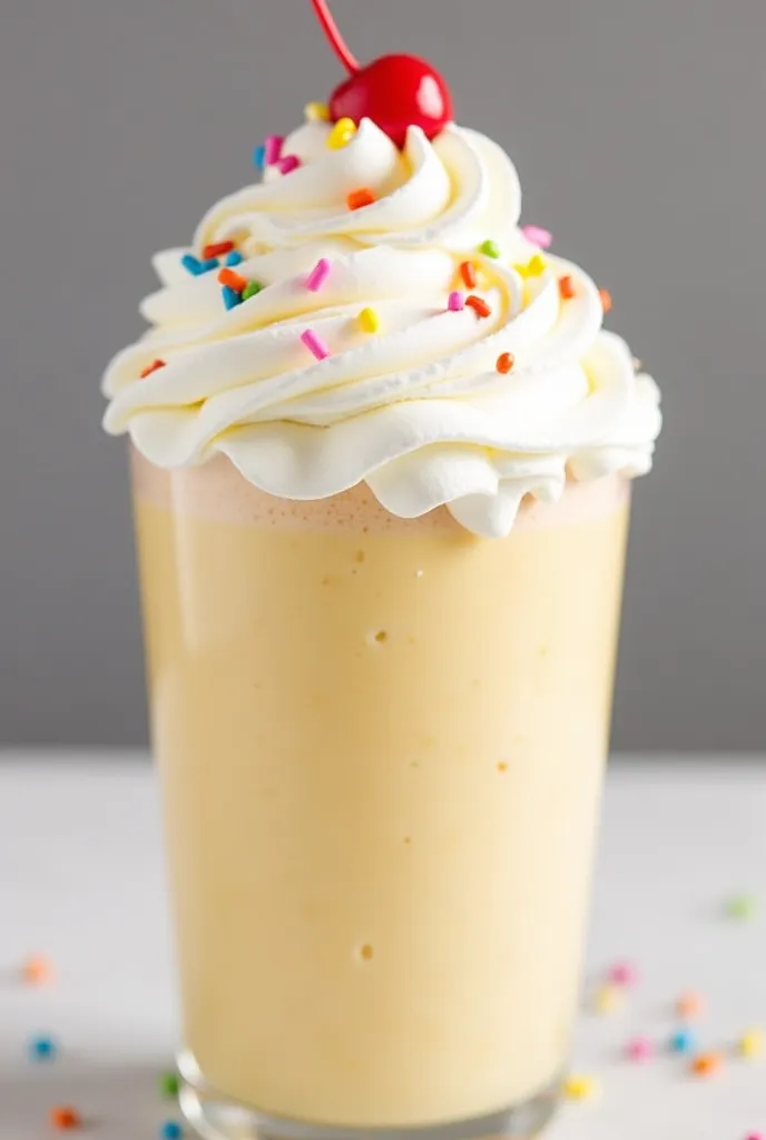 Make a birthday cake drink with whipped cream 