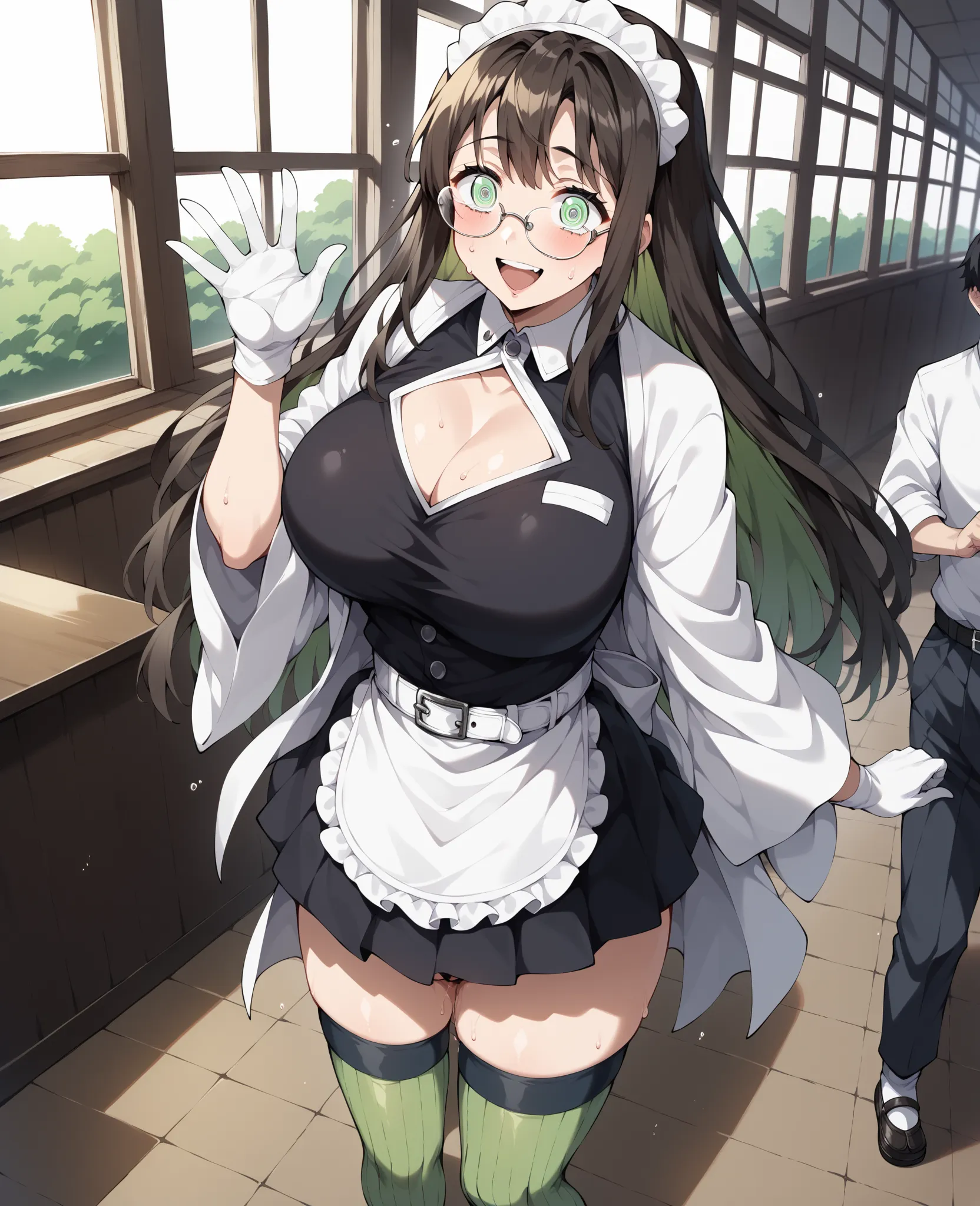  score_9,  score_8_up,  score_7_up,  source_anime, Aamitsuri, long hair, knitting glasses,  multicolored hair, green eye, moles under eyes, big breasts,  Japanese Clothes, Chest, white jacket,  Uri, black shirt,  Open clothes, belt, pleated skirt, black sk...