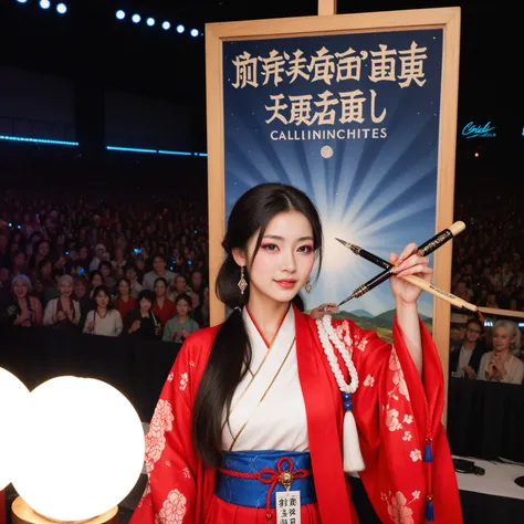 Women writing letters with a large brush on a large board at a calligraphy performance Koshien、Makeup,gorgeous, Traditional Outfit ,On stage,In front of an audience,Intensive Expressions,Expertise,Hi-Res,4K,HDR,Superb texture,STUDIO LIGHTING,realistic,Deli...