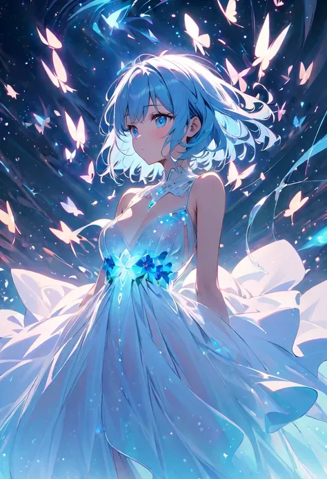 Create an anime-style digital illustration。In soft pink and blue tones。, Pastel blue hair and vibrant blue eyes. She should wear white clothing, A flowing dress that reflects and shines with light. The background should be ethereal, Feature a young woman w...