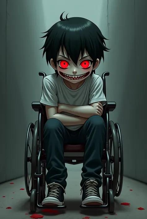  Anime was born in a wheelchair with red eyes, black hair and a terrifying look while smiling with a scary smile 