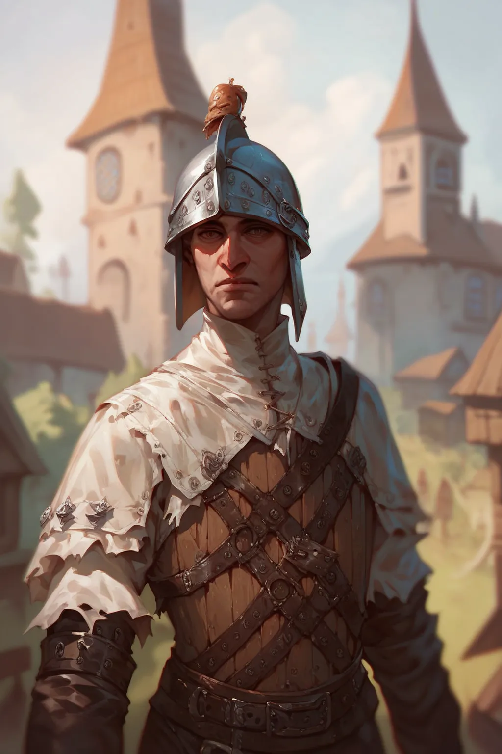   DND (male warrior with a crossbow), (in a cheap leather helmet and medieval leather armor), background in cheap torn clothes from the Middle Ages,  portrait, (very blurred background, medieval village in the background, wooden tower and wooden palisade w...