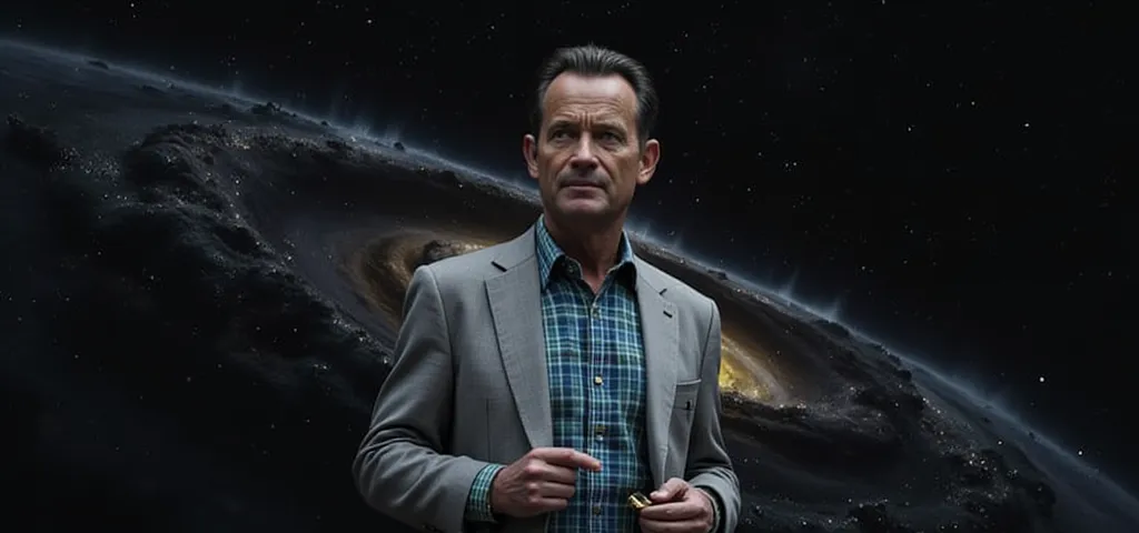 Forrest Gump Tom Hanks ,   Full body, dressed in his typical light gray costume from the movie and blue checkered shirt of different shades,  with a classic hand watch, in antique gold, floating in space taking a trip back in time, Photorealistic, 8K.