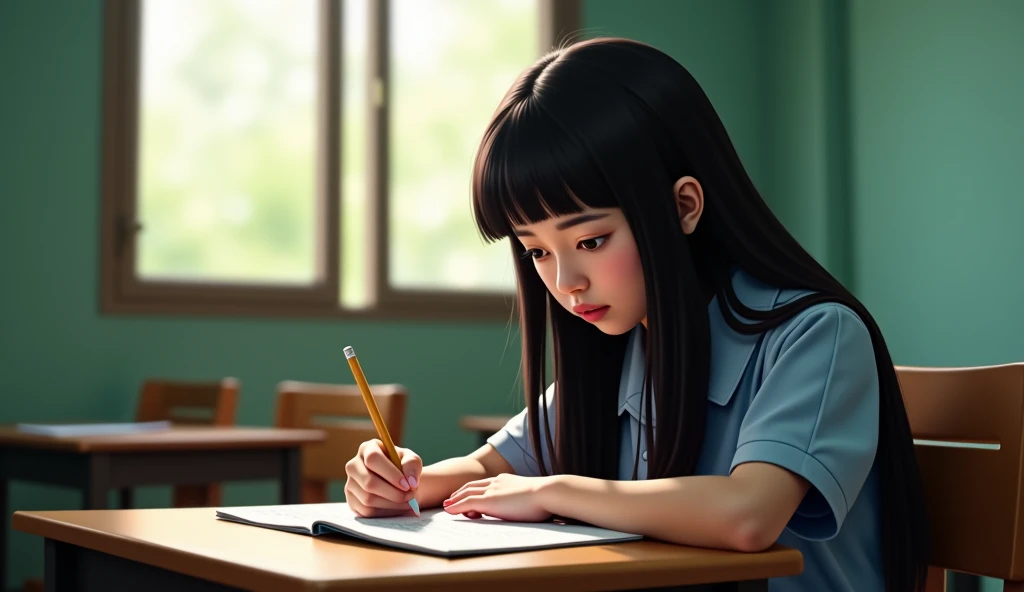 "Inside the classroom of Nusantara High School, a girl named Siti Aulia sits on her desk, focus staring at her notebook. His hair is long black, neat, and partially covered her pale-skinned face. Her eyes were sharp and her expression was flat, making her ...