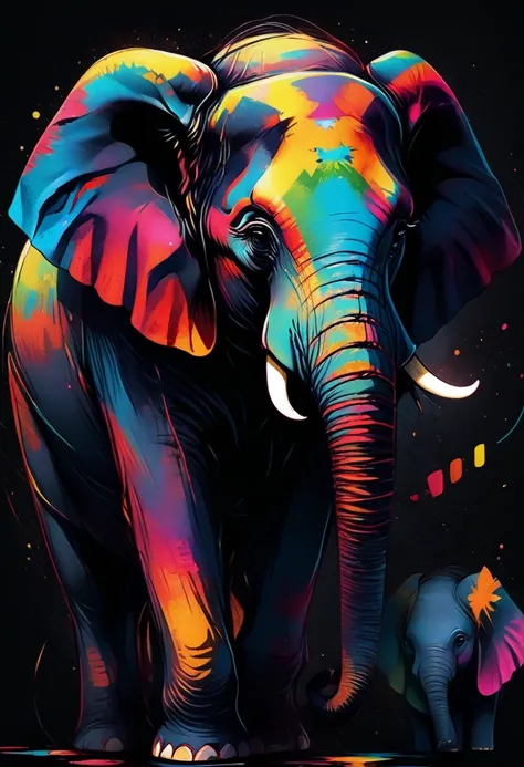 Pop-Art, colorful elephant, black background 