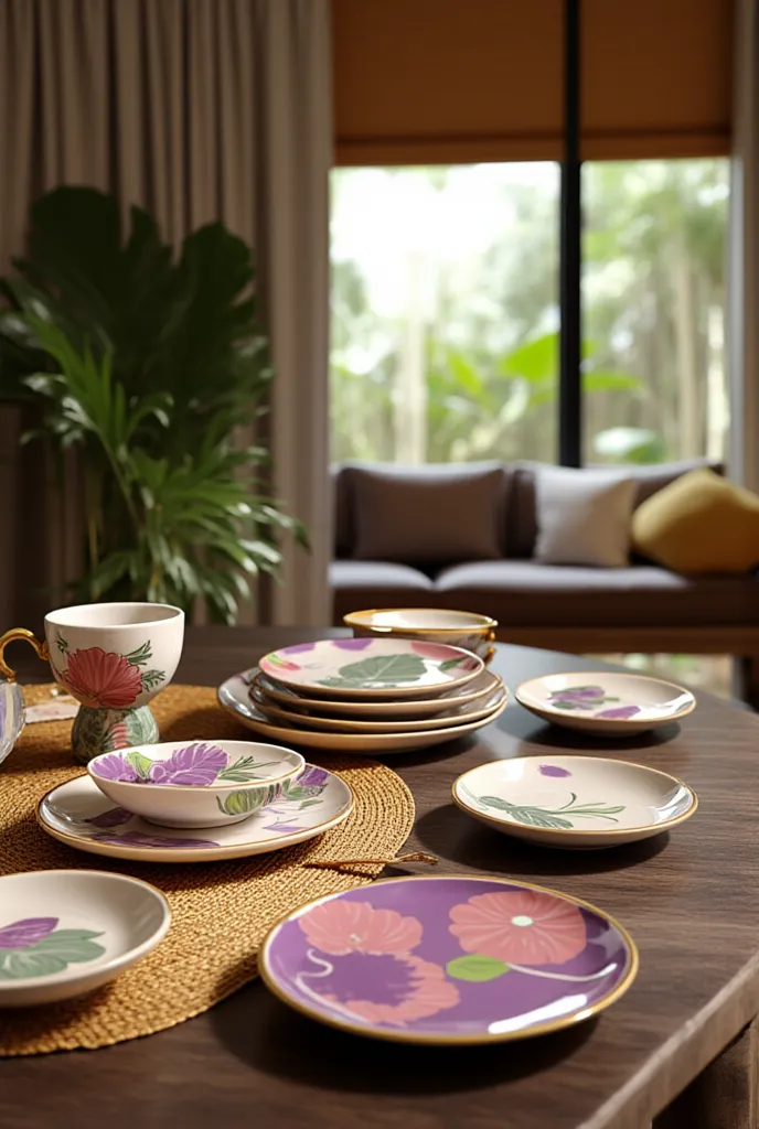 Background para uma sala de estar estilo tropical, With table set using the plates in the photo 