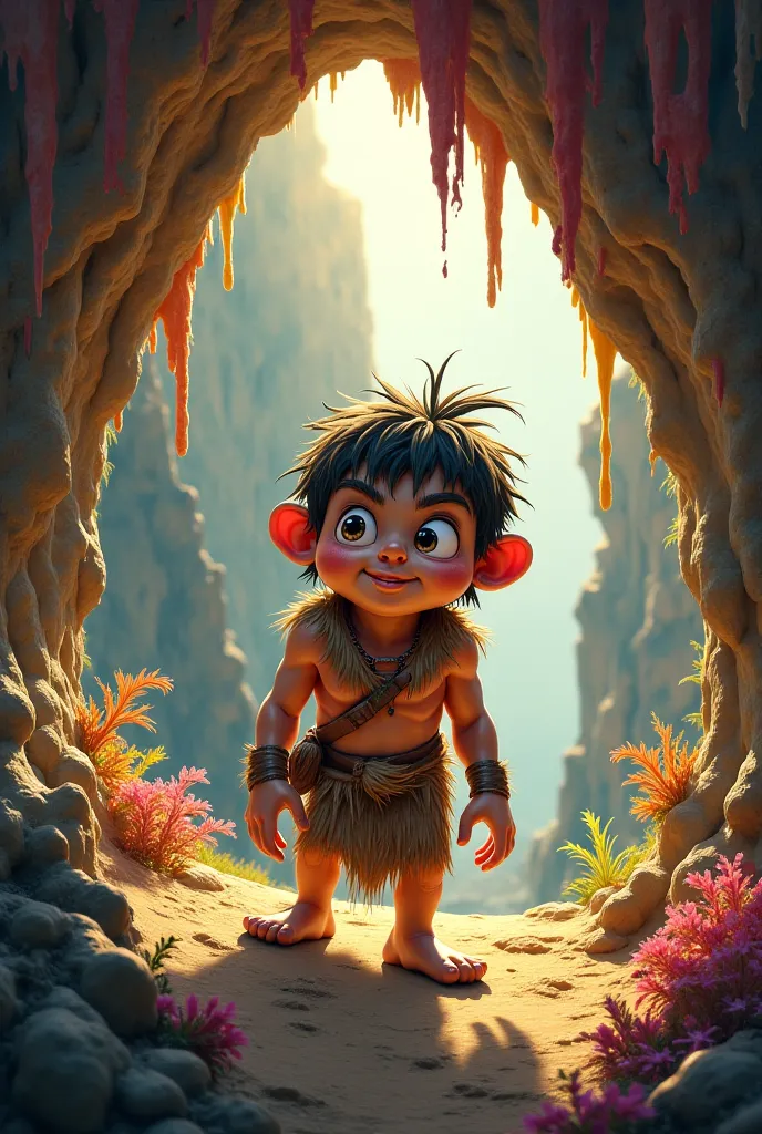 **"A small caveman  hiding inside a massive cave, peeking out cautiously with exaggerated expressions of fear and curiosity, in a vibrant and playful prehistoric setting."**