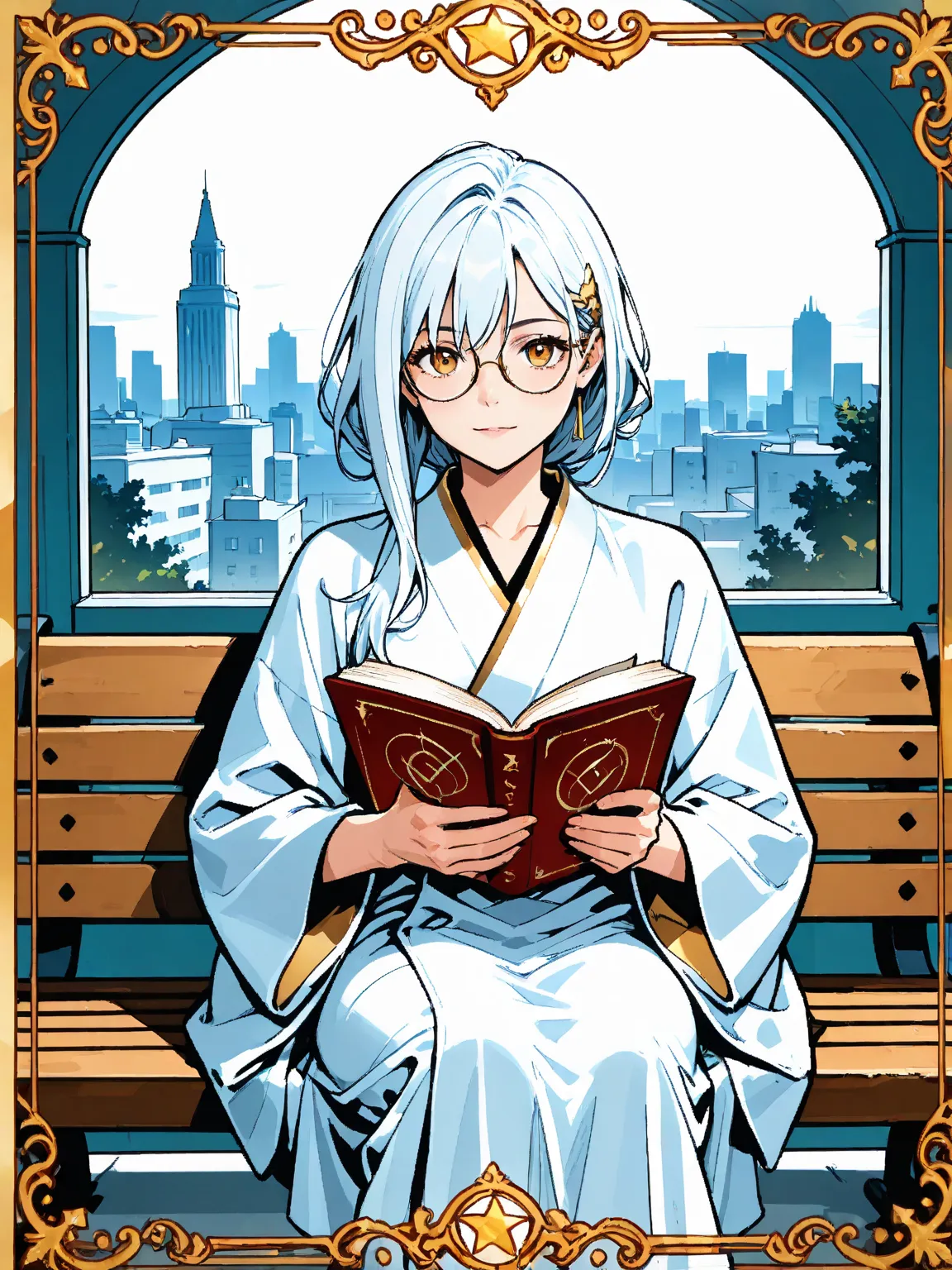 The image is a digital illustration of a woman sitting on a bench and reading a book. She is wearing a white robe with gold accents and has white hair and glasses. The woman is holding the book in her hands and appears to be engrossed in it. She has a peac...