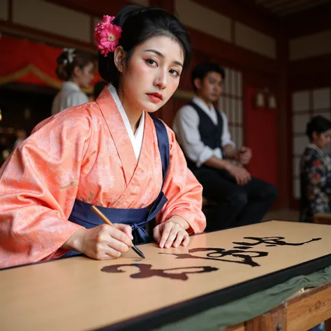 Women writing letters with a large brush on a large board at a calligraphy performance Koshien、Makeup,gorgeous, Traditional Outfit ,On stage,In front of an audience,Intensive Expressions,Expertise,Hi-Res,4K,HDR,Superb texture,STUDIO LIGHTING,realistic,Deli...