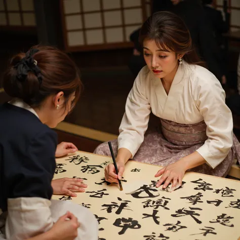 Women writing letters with a large brush on a large board at a calligraphy performance Koshien、Makeup,gorgeous, Traditional Outfit ,On stage,In front of an audience,Intensive Expressions,Expertise,Hi-Res,4K,HDR,Superb texture,STUDIO LIGHTING,realistic,Deli...