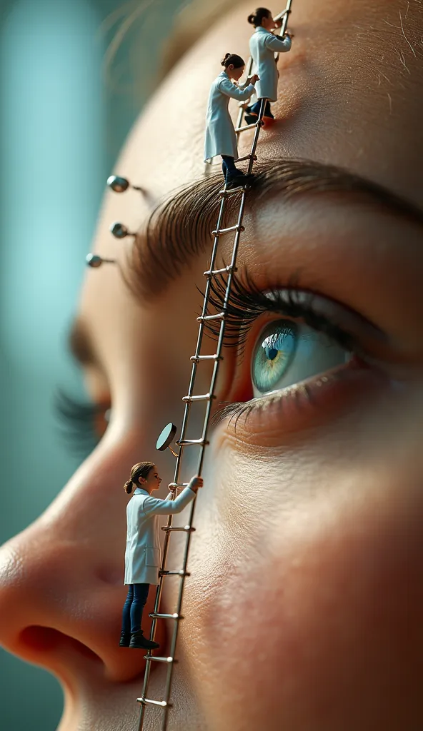 Two miniature women in white coats carefully exploring a woman's eyebrow using tiny ladders. One climbs up a ladder to examine the eyebrow closely, while the other uses a magnifying glass to inspect it from a different angle. The scene is captured in macro...