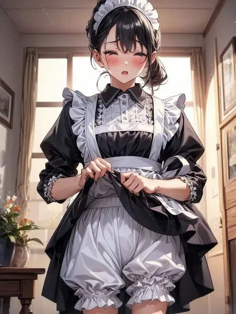 One girl, black hair, ponytail, BREAK, (traditional maid dress:1.4), BREAK, (lifting skirt up to crotch, lifted by self:1.4), (wearing white ruffle bloomers:1.8), bedroom, blushing face, opening mouth, closing eyes, 