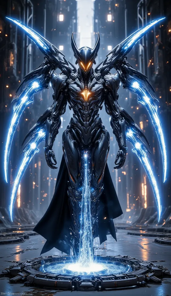 "A celestial biomechanical entity standing with an imposing presence in a futuristic, cathedral-like hall. The figure has an exoskeleton of sleek, black metal adorned with glowing blue and orange energy veins, radiating power. Its face is concealed by a ho...