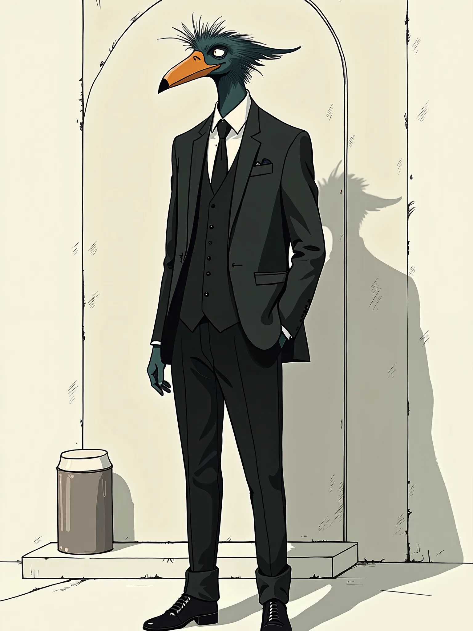 bird head man wearing black suit, cartoon, cube:escape style, 16:9 portrait