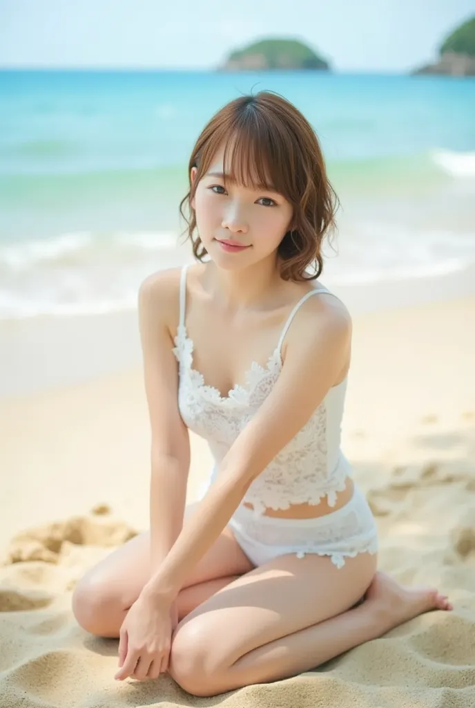 Best Quality、((((White small panties))))、coastal、cute girl、 Japanese girl on a sandy beach、short hair