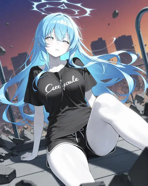 best image quality、Hi-Res、 diamond blue hair 、white eyes、、rooftop、  big black t-shirt 、美しいchest、  best thighs、Aura of the Sea、 long hair、best image quality、floating rubble、black shorts、 white skin、 the royal family、、Straight face、 black underwear、Looks sle...