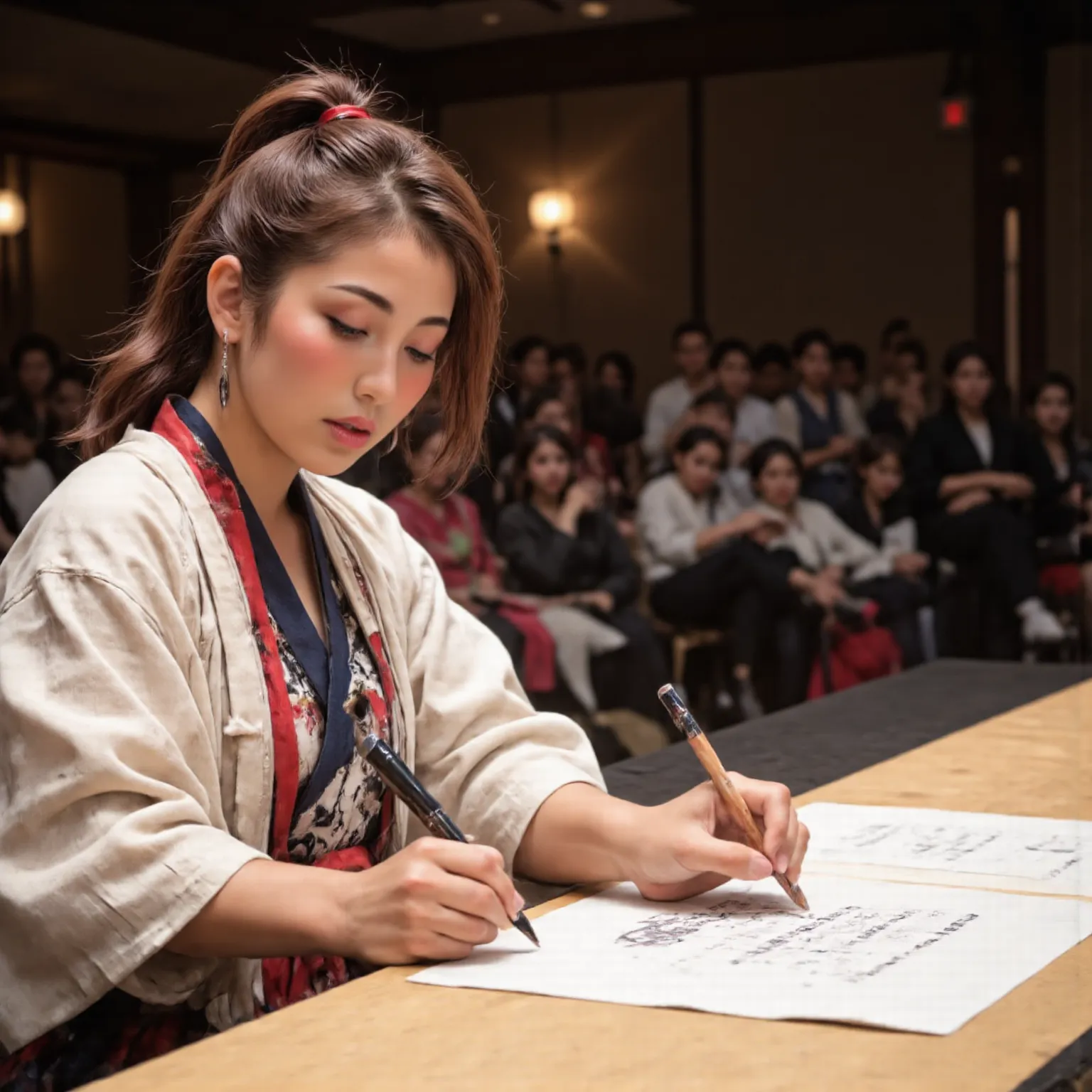 Women writing letters with a large brush on a large board at a calligraphy performance Koshien、Makeup,gorgeous, Traditional Outfit ,On stage,In front of an audience,Intensive Expressions,Expertise,Hi-Res,4K,HDR,Superb texture,STUDIO LIGHTING,realistic,Deli...