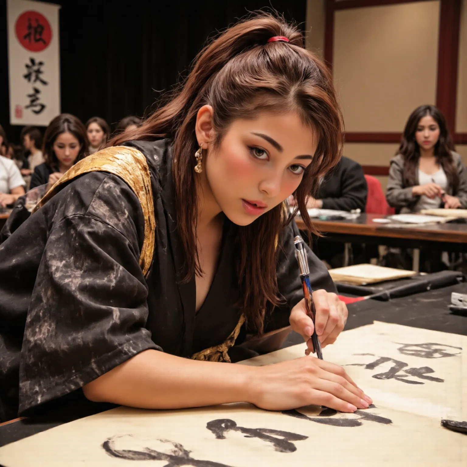 Women writing letters with a large brush on a large board at a calligraphy performance Koshien、Makeup,gorgeous, Traditional Outfit ,On stage,In front of an audience,Intensive Expressions,Expertise,Hi-Res,4K,HDR,Superb texture,STUDIO LIGHTING,realistic,Deli...