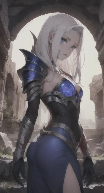 Lost era, Prehistoric princess, blood moon night, dark spawn, Nayla, white hair, sapphire blue eyes, looking at viewer, long messy hair, lore accurate, diamond armor, ancient Castle ruins,