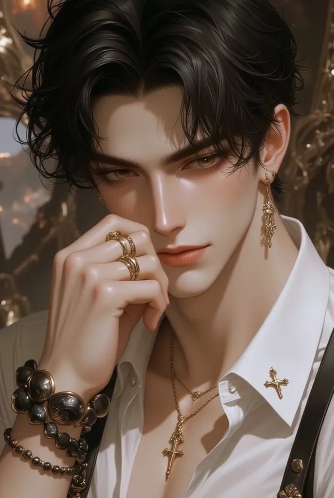 masterpiece, best quality, amazing quality, detailed face, young man, angular features, muscled, black hair, grey eyes, white buttoned-up shirt, lava beads bracelet, small golden cross necklace, golden rings, handsome, smile, towering, tall, toned body