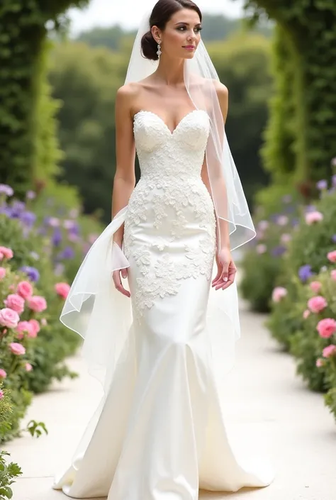 beautiful woman standing on floral garden runway platform outside wearing strapless princess neckline with straight fitted sleeves big circle floral petals pattern design white lace fabric toe length a line flare white wedding gown with white small gathere...