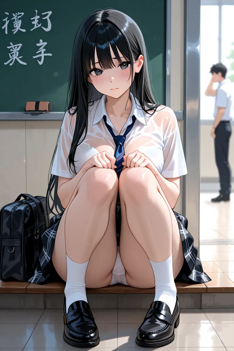  high school student、uniform、long black hair、chest、check skirt、See-through、embarrassing、 White Panties、 thighs、Even shoes