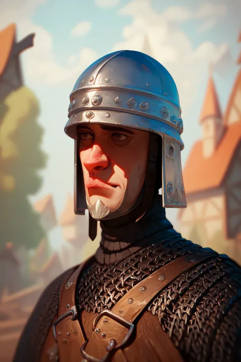   DND (male warrior with a crossbow), (in a cheap leather helmet and medieval leather armor), in medieval cheap torn clothes,  portrait, (very blurred background, medieval village in the background, wooden tower and wooden palisade with gates in the backgr...