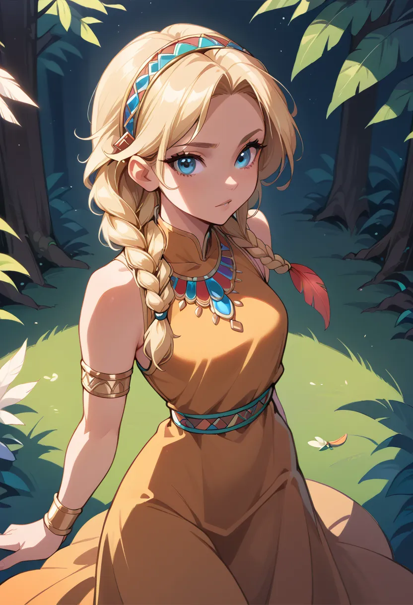  score_9,  score_8_high,  score_7_high,  score_6_high,  1 girl, Alone,  braided hair ,  blonde hair,  Indian dress, view the viewer, blue eyes, Very fair skin outside, Feather hair band