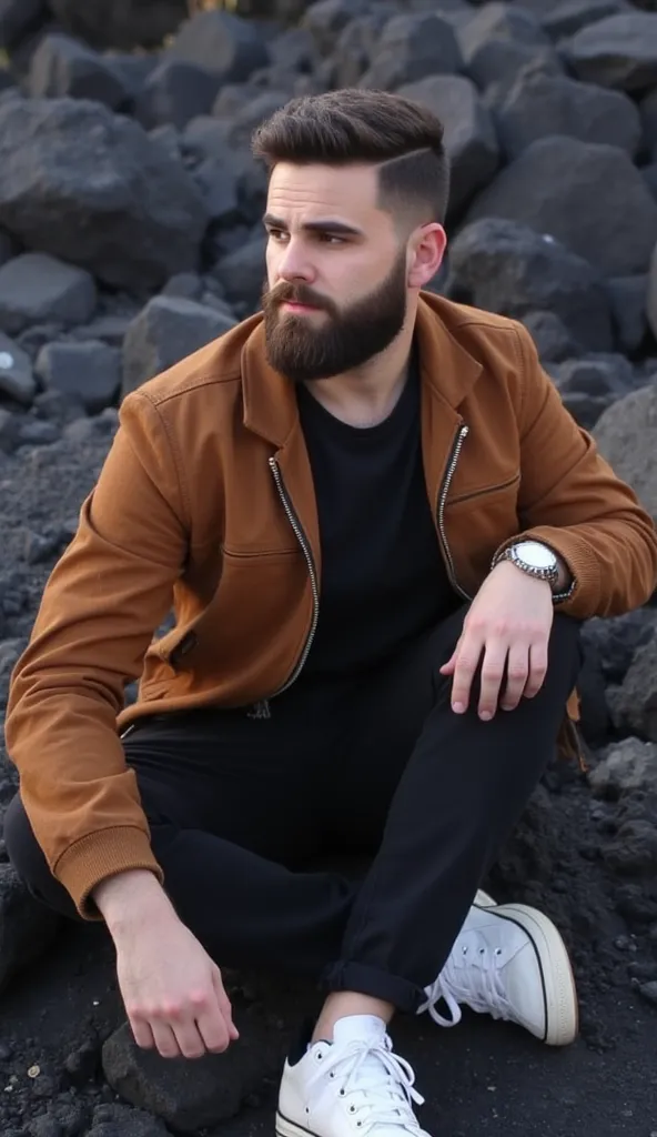 A bearded man with short dark hair,wearing a brown suede jacket over a black shirt,black pants,and white sneakers,sitting on rugged volcanic rocks. He has a calm and confident expression,gazing slightly away from the camera. The rocky terrain,