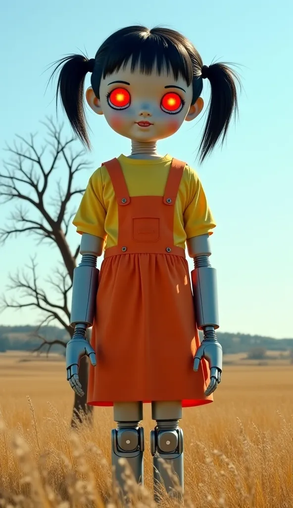 "A large humanoid doll with an eerie expression, standing in a field with a dry tree behind it. The doll has a round face, red glowing eyes, black hair tied into two ponytails, and wears a yellow shirt under an orange pinafore dress. It has robotic joints ...