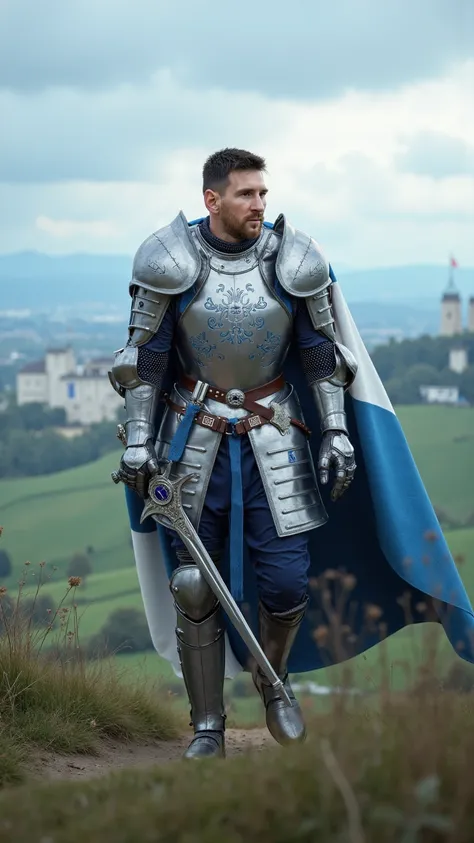 Lionel Messi reimagined as a knight walking and holding sword､dramatic atmosphere, 1 male､ 

He has short, dark hair and sharp blue eyes, framed by a calm yet determined expression. His focused gaze exudes confidence and quiet strength, embodying the spiri...