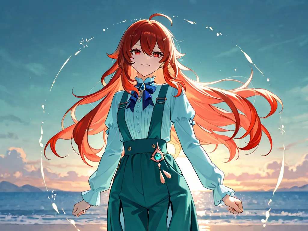 
Red Hair, Red Eye, Girl, Genshin İmpact, Fontaine, Smiley, Furina Costume, Ganyu hair, Sea Background