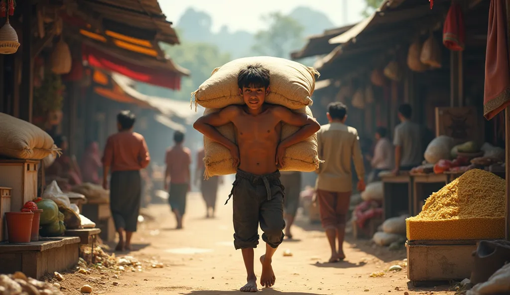 Illustrate  "in a traditional market in the Asian region of Indonesia, there was a village youth who worked as a rice pelvis porter