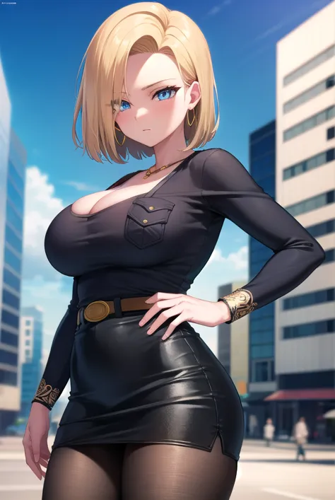 android18, android 18, blonde hair, blue eyes, eyelashes, hoop earrings, short hair, earrings,
BREAK belt, brown pantyhose, black shirt, breast pocket, cleavage, collarbone, black leather skirt, high-waist skirt, jewelry, long sleeves, pocket, shirt, crop ...