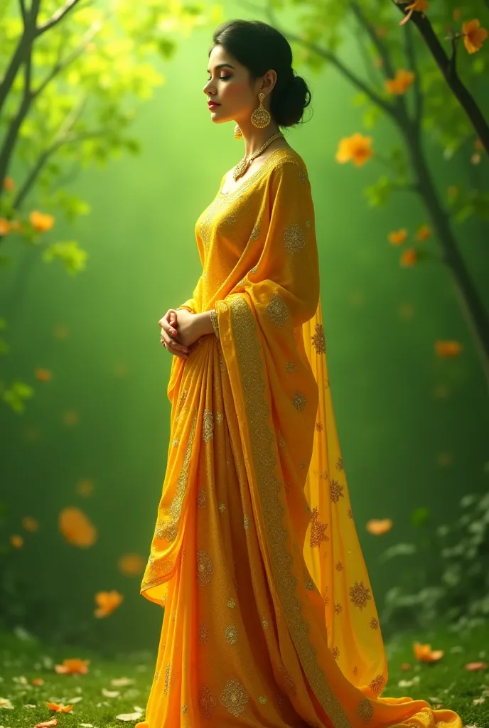 3d animation a lady wearing a golden sharee with green background
