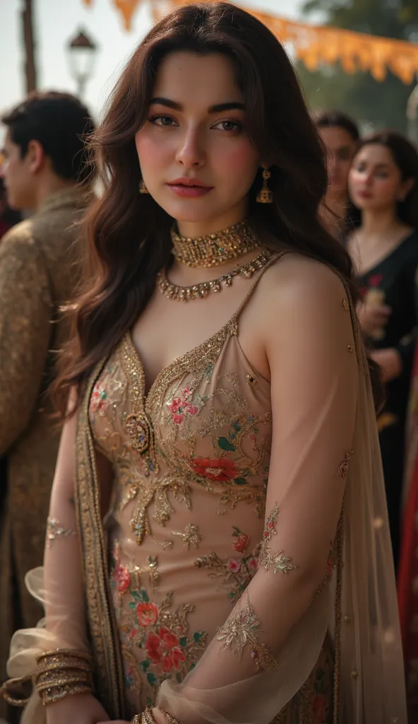 a captivating scene of a Pakistani busty, her pale skin glowing with natural beauty, (dark thick long hair), (big breasts), (modeling), (model photoshoot), standing in a Eid ceremony, She wears a fitting colorful satin shalwar kameez, , Her hips are accent...