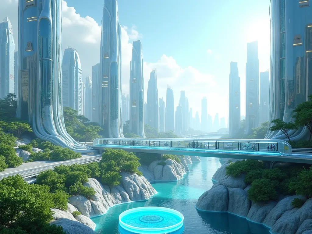 futuristic city with white clear buildings with big windows, transparent glass pipes for city train, light blue fluid in glass bowls, blue sky with a few clouds and a green biosphere area