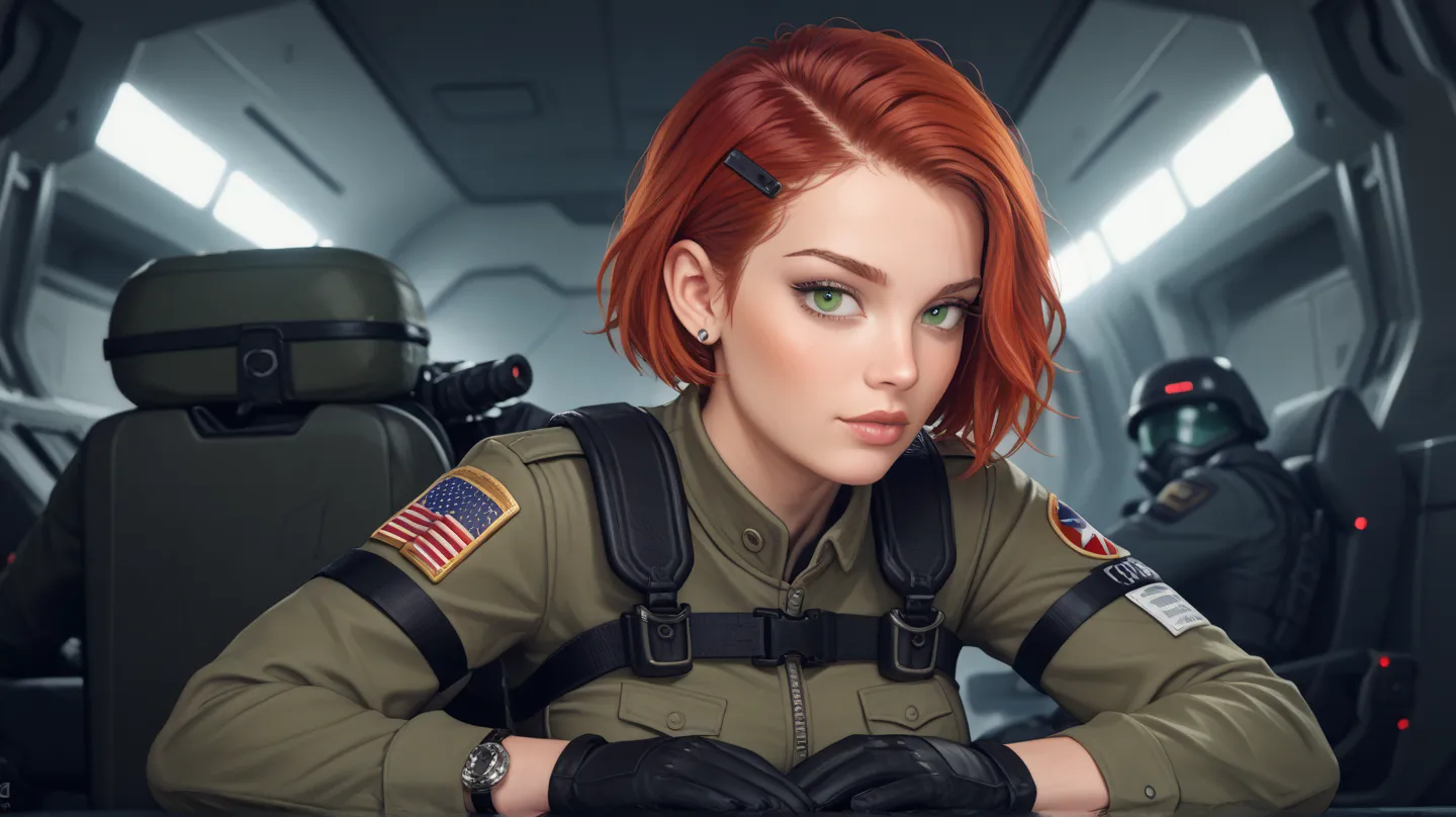  sci-fi style, deep green eyes, red hair, girl sitting, sexy face, short hair shaved temples,  big breasts, soldier uniform, 