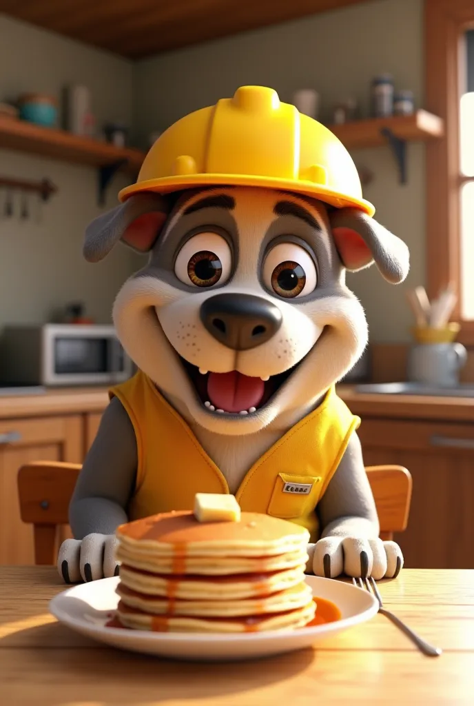 Image 3D style Pixar chien bouledogue avec chapeau construction jaune et veste jaune sans manche Reuben pat patrouille mange des crêpes assis à la table cuisine