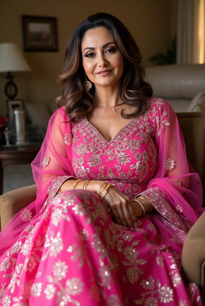 


 ((32K, top-quality:1.5, masterpiece, A high resolution, Photorealsitic)), A beautiful young Pakistan's,40 years old , bindi and light lips woman wearing pink bridal lehenga, henna (mehndi) in both hands
Sitting on a chair at home,black thick Hair, Stre...