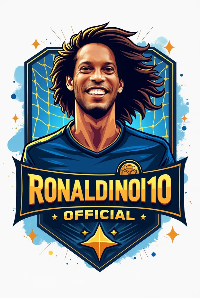 Create a logo for a memecoin called 'RonaldinhoR10 Official'. The image must have a modern and striking design, with a stylized drawing of Ronaldinho Gaúcho's face smiling, incorporating soccer elements, like a ball or goal nets. The color palette must inc...