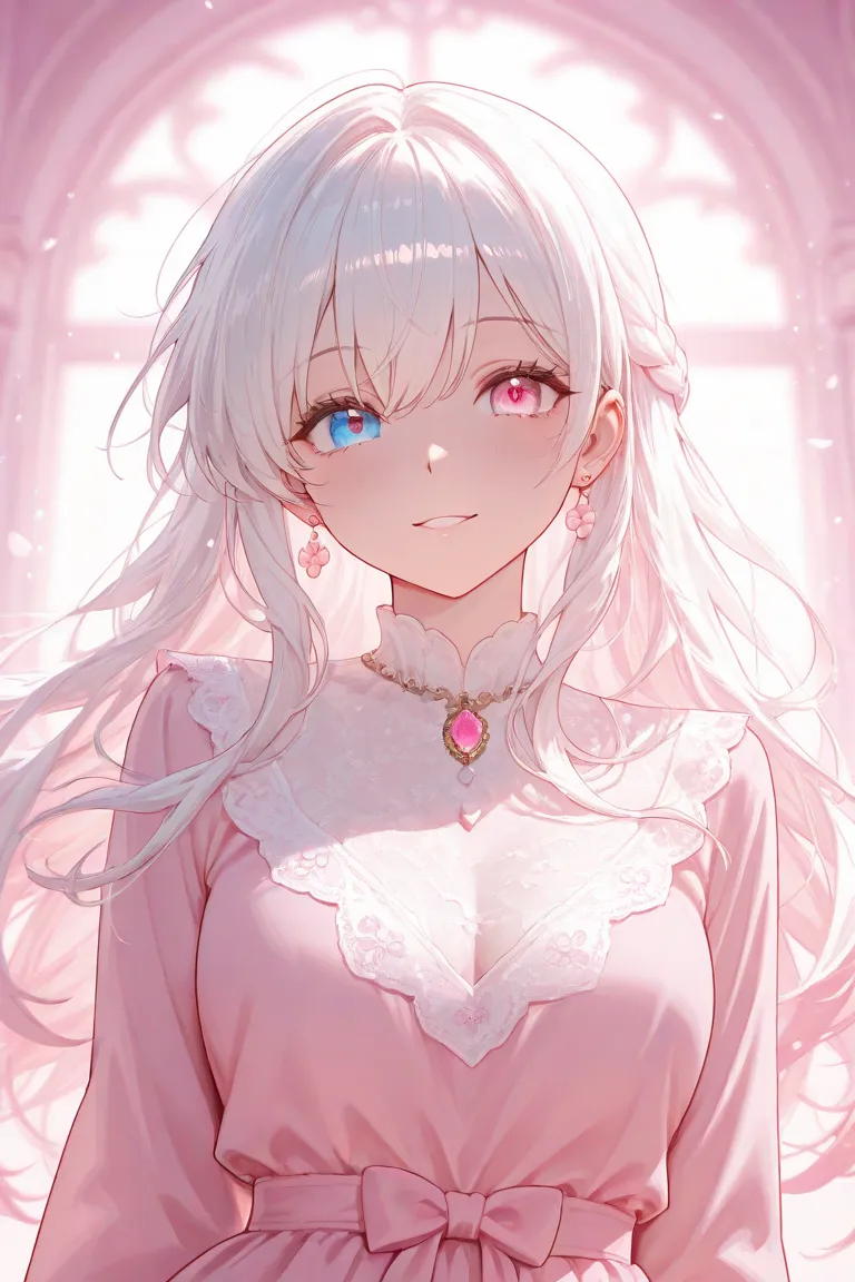 A charming anime girl with flowing long white hair highlighted with a delicate pink hue. Her eyes are a heterochromatic of colors, with a piercing blue in the right eye and a soft pink in the left. This character is depicted in a beautifully detailed paint...