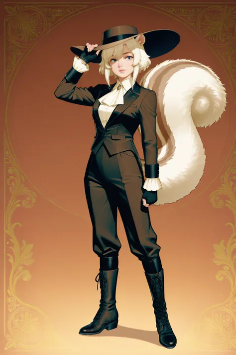 female squirrel, fur skin, furry, in elegant suit of 19 century style with trousers , in wide - brimmed hat, fingerless gloves, boots, fluffy fur, squirrel tail,Character Design page