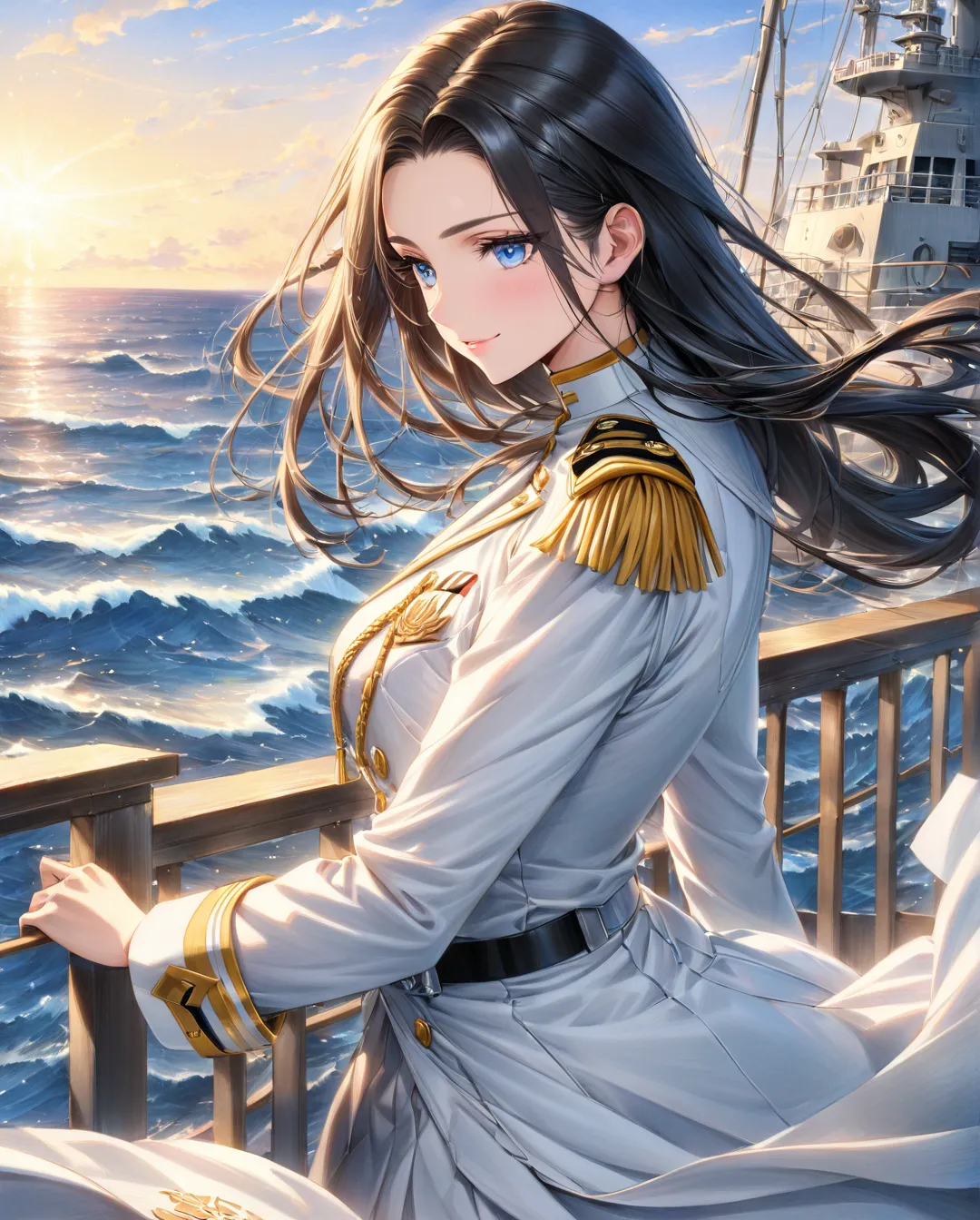 (( style:Colored pencil, Light color)), ( masterpiece:1.2), (Ultra-detailed, best quality), *"A highly detailed anime-style illustration of a beautiful young woman standing confidently on the deck of a naval ship, with the open ocean stretching out behind ...