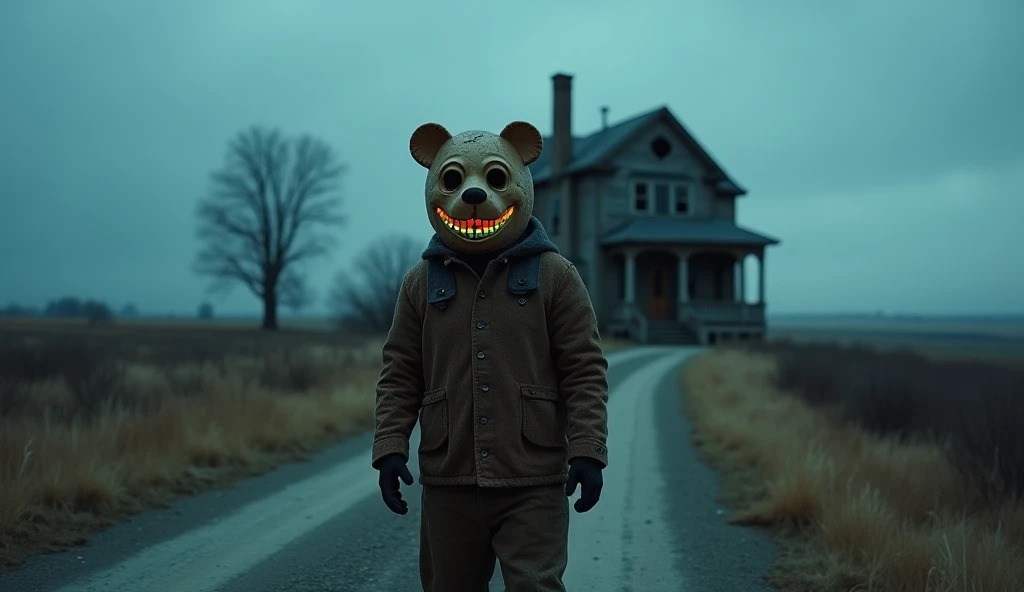 The camera moves in a slow dolly-in, gliding smoothly toward the masked figure standing in the middle of a desolate dirt road, with the abandoned house looming in the background. The bear mask, cracked and stained with age, catches the dim, overcast light,...