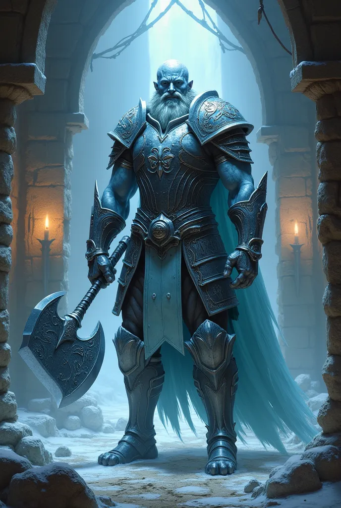  Iceman , Ice Skin , guerreiro medieval rpg,  metal armor , Dungeons and Dragons 5e, big axe, Young, Unbearded , no hair