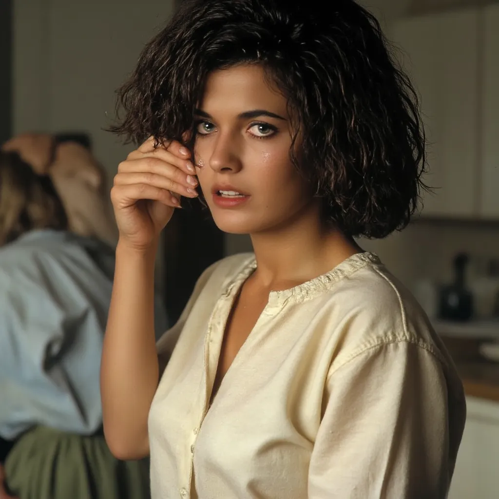 Closeup of a gorgeous Italian woman, very short thin hair, crying, tears roll over her face, tears on her cheeks, wet eyes, she puts her hands to clean her cheeks, sobbing, dressed in an off-white shirt with rolled up sleeves and kaki-green shorts, sitting...