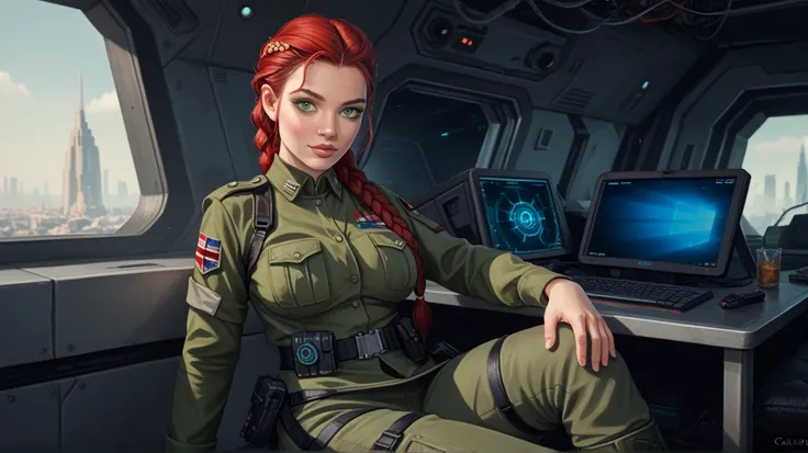  sci-fi style, deep green eyes, red hair, girl sitting, sexy face, cross-legged, shaved temples, braided hair,  big breasts, soldier uniform, 